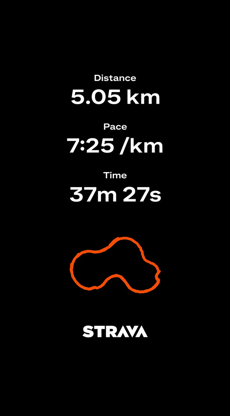 Strava summary of a run: 5.05 km at 7:25 per km, 37 minutes 27 seconds